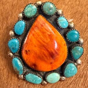 NWT Navajo Sterling Silver Orange Spiny Oyster Shell & Turquoise Ring Size 7